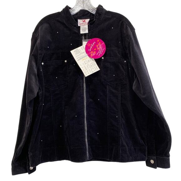 NWT Quacker Factory Stretch Corduroy Bomber Jacket Sz XL Rhinestone Zipper Black - Picture 1 of 12